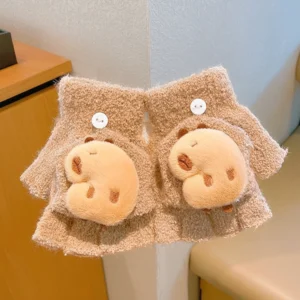 Kinder Plüsch Capybara Handschuhe mit umwandelbarem fingerlosen Design, süßes Capybara Gesicht auf dem Klappdeckel