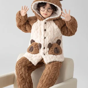Kinder Capybara Pyjama Set mit 3D Orange, warmes Fleece Schlafanzug für Jungen und Mädchen