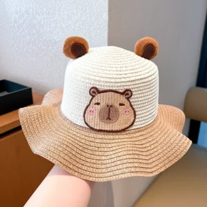 Kinder Capybara Strohhut in klassischem Khaki mit Wellenkrempe und Stickerei