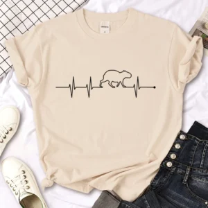 Minimalistisches Capybara T-Shirt mit EKG Linien Motiv in Sandfarbe