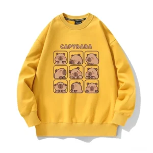 Neun-Felder Emoji Capybara Sweatshirt in Babyblau auf weißem Hintergrund