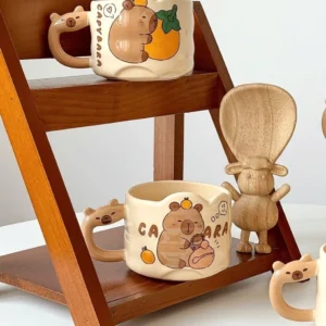 Niedliche Capybara Kaffee Tasse aus Keramik, stapelbarer Capybara Becher mit Loeffel