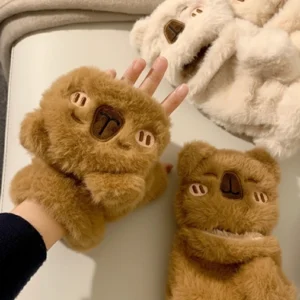 Paar dicke Plüsch Capybara Handschuhe in Creme und Karamellbraun, wandelbares fingerloses Design