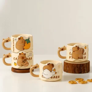 Stapelbare Capybara Kaffee Tasse mit 4 verschiedenen Motiven, Keramik Becher fuer Capybara Fans