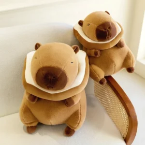 Sitzendes braunes Toast Capybara Kuscheltier mit abnehmbarem Plüsch Toast Kragen
