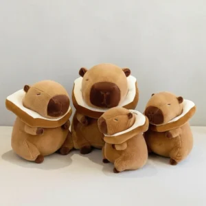 Seitenansicht vom braunen Toast Capybara Plüschtier mit abnehmbarem Brot Kragen