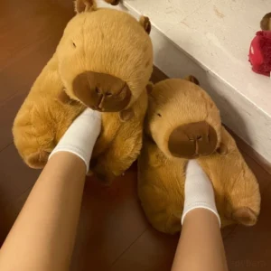 uebergrosse 3d capybara pluesch hausschuhe von vorne, capybra schuhe