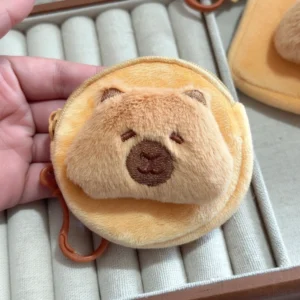 Weiches gelbes Plush Capybara Portemonnaie Muenztasche in quadratischer und runder Form mit 3D brauner Schnauze und Clip