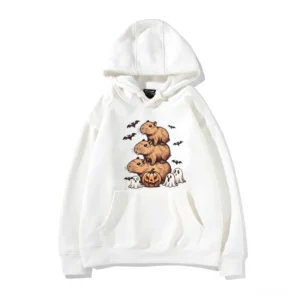 Weisser Halloween Capybara Kapuzenpullover mit Kürbis Capybara Motiv