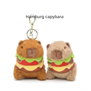 Zwei sitzende Capybara Burger Plüsch-Schlüsselanhänger in braun und beige mit goldenen Verschluss